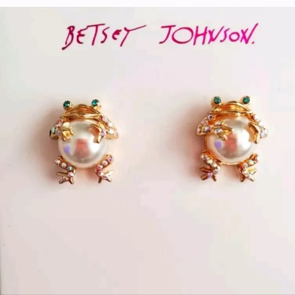 New Betsey Johnson Critter Frog Pearl & Crystal Earrings